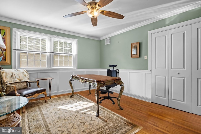 3219 Sunset Ave, Norristown, PA 19403 - home office with wood finished floors, ceiling fan, crown molding, and wainscoting