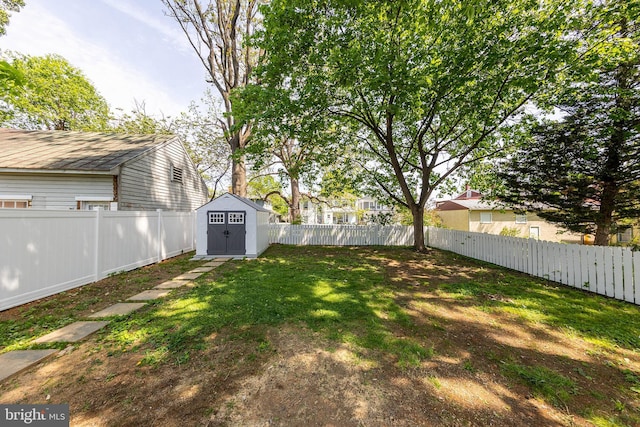 view of yard featuring an outdoor structure, a fenced backyard, and a shed
