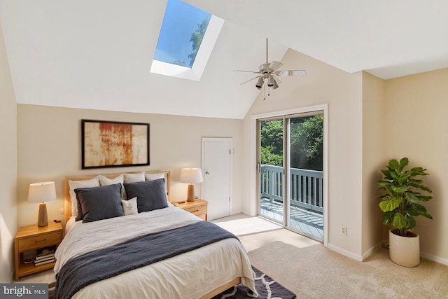14640 Balsam Ct, Issue, MD 20645 - bedroom with a ceiling fan, vaulted ceiling with skylight, baseboards, light colored carpet, and access to outside