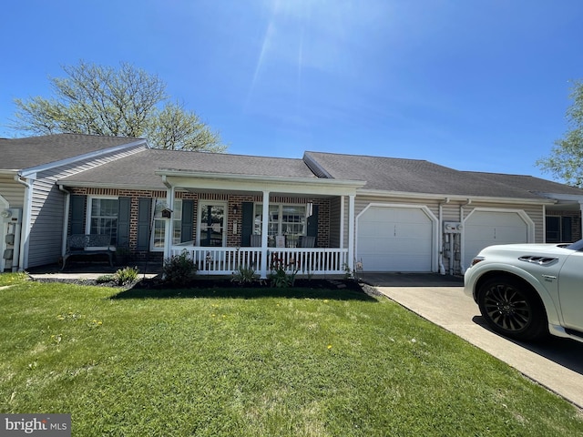 ranch-style home with a porch, driveway, roof with shingles, a garage, and a front lawn