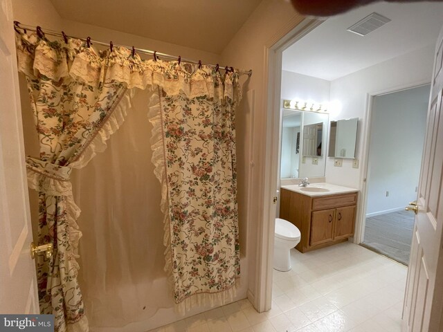 bathroom with visible vents, shower / bath combination with curtain, toilet, and vanity