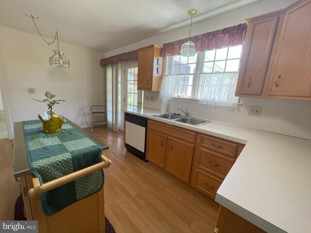kitchen featuring a sink, dishwasher, light countertops, light wood-style flooring, and pendant lighting