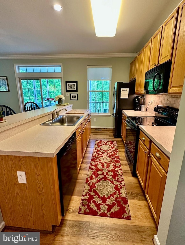 kitchen featuring a sink, crown molding, black appliances, and light wood finished floors