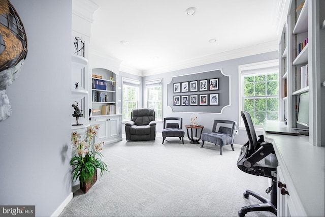 carpeted home office featuring ornamental molding, baseboards, and recessed lighting