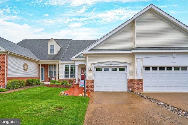 view of front of house with brick siding, driveway, a garage, a front lawn, and a shingled roof
