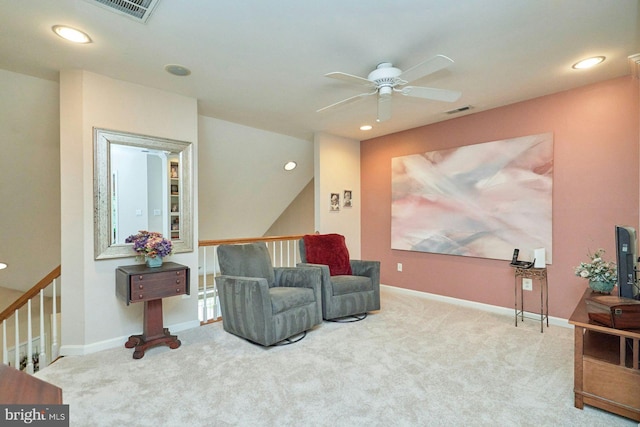 living area featuring a ceiling fan, recessed lighting, visible vents, and carpet floors
