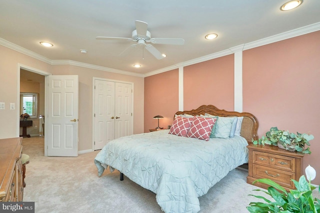 bedroom with recessed lighting, ceiling fan, crown molding, and light colored carpet