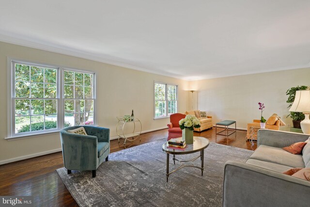 living room featuring baseboards, ornamental molding, and wood finished floors
