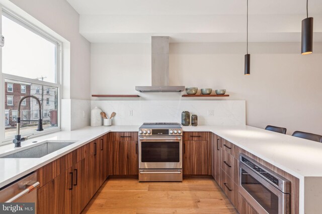 kitchen featuring wall chimney range hood, open shelves, appliances with stainless steel finishes, a sink, and modern cabinets
