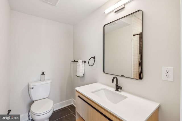 bathroom with tile patterned flooring, visible vents, vanity, toilet, and baseboards