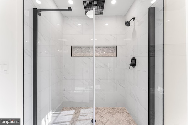 full bath with recessed lighting and a stall shower