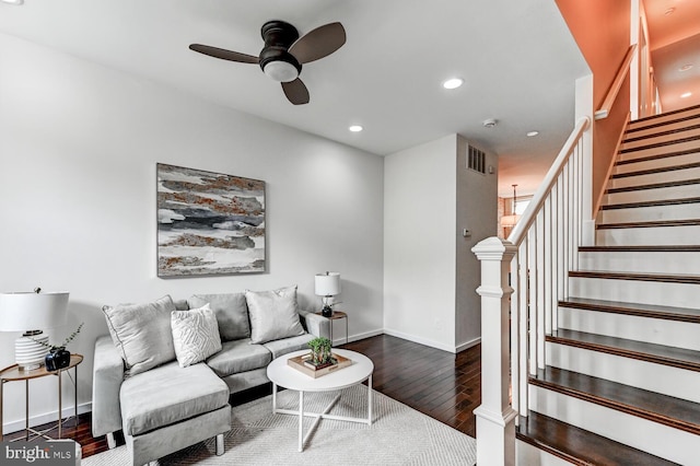 136 W Ostend St, Baltimore, MD 21230 - living room with ceiling fan, hardwood / wood-style floors, stairway, baseboards, and recessed lighting