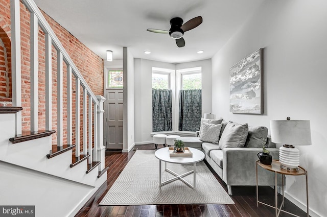 136 W Ostend St, Baltimore, MD 21230 - living room featuring stairs, ceiling fan, hardwood / wood-style floors, baseboards, and recessed lighting
