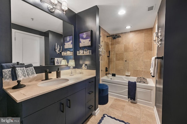 full bath featuring vanity, shower / bathtub combination, tile patterned floors, recessed lighting, and visible vents