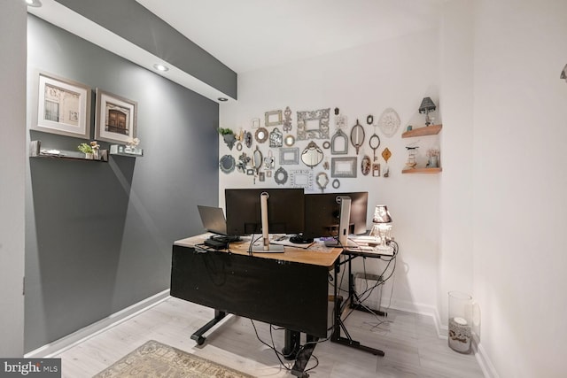 office with baseboards, recessed lighting, and wood finished floors