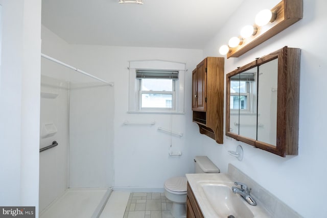 full bathroom with toilet, a shower, and vanity