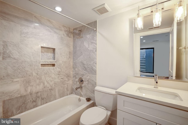 full bath featuring vanity, shower / bathtub combination, toilet, recessed lighting, and visible vents