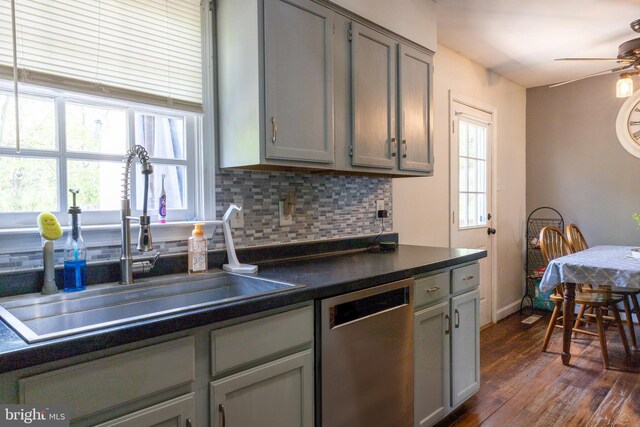 41 Provincial Pkwy, Emmitsburg, MD 21727 - kitchen featuring a sink, gray cabinets, dark wood finished floors, dishwasher, and dark countertops