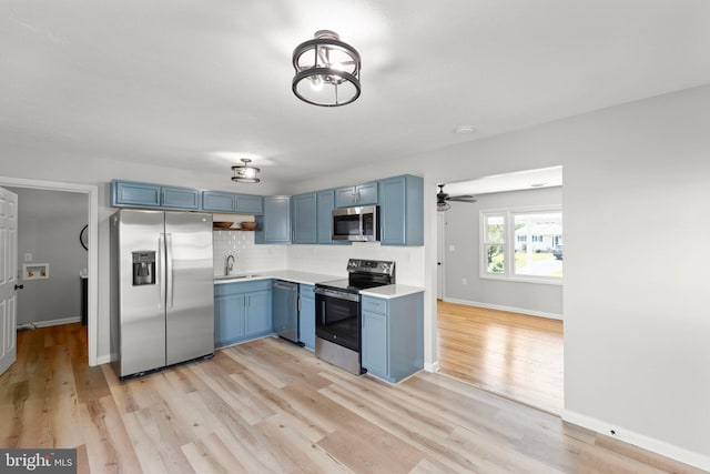 kitchen with decorative backsplash, blue cabinetry, a sink, light countertops, and stainless steel appliances