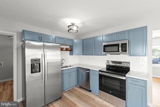 kitchen with appliances with stainless steel finishes, light wood finished floors, backsplash, and blue cabinetry