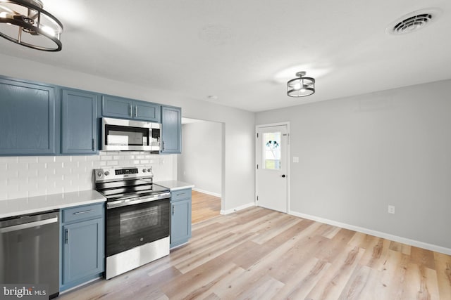 kitchen featuring backsplash, stainless steel appliances, blue cabinetry, and visible vents