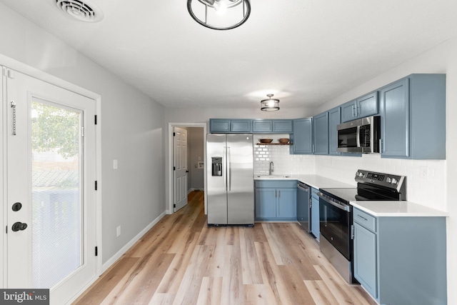 kitchen with a sink, stainless steel appliances, decorative backsplash, visible vents, and blue cabinets