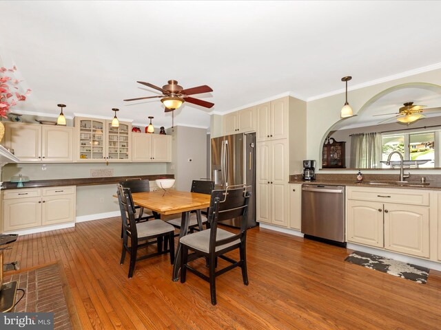 7214 Honeybush Dr, Mount Airy, MD 21771 - dining area with ceiling fan, wood-type flooring, and ornamental molding