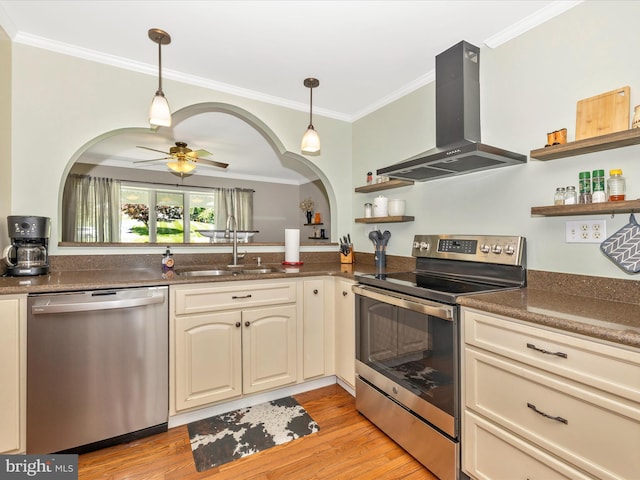 7214 Honeybush Dr, Mount Airy, MD 21771 - kitchen featuring appliances with stainless steel finishes, island exhaust hood, a sink, open shelves, and ornamental molding