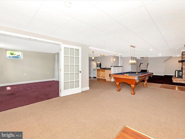 7214 Honeybush Dr, Mount Airy, MD 21771 - rec room featuring carpet, baseboards, billiards, and a drop ceiling