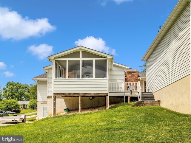 7214 Honeybush Dr, Mount Airy, MD 21771 - back of house with a sunroom, a lawn, a wooden deck, stairs, and ceiling fan