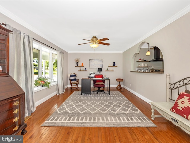 7214 Honeybush Dr, Mount Airy, MD 21771 - office area with ceiling fan, hardwood / wood-style flooring, ornamental molding, and baseboards