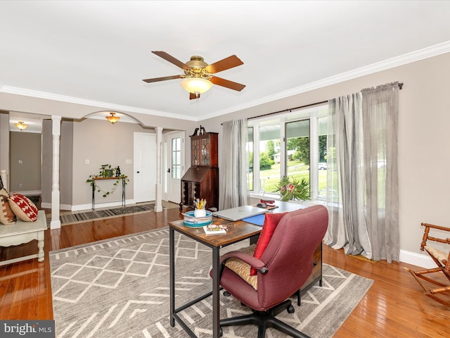 7214 Honeybush Dr, Mount Airy, MD 21771 - office space with decorative columns, crown molding, baseboards, a ceiling fan, and light wood finished floors