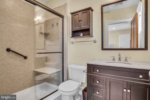 full bath with toilet, visible vents, a shower stall, and vanity