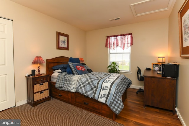 102 Lakebridge Dr, Deptford, NJ 08096 - bedroom featuring visible vents, attic access, baseboards, and dark wood finished floors