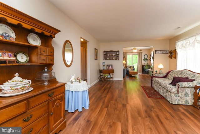 102 Lakebridge Dr, Deptford, NJ 08096 - living room featuring baseboards, a ceiling fan, wood finished floors, and visible vents