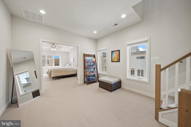 bedroom featuring baseboards, carpet flooring, recessed lighting, and visible vents