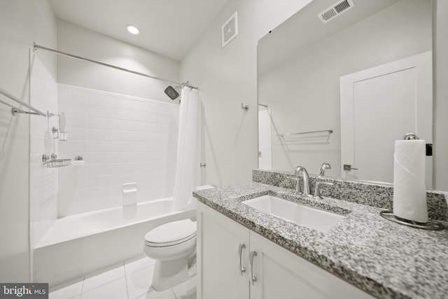 bathroom featuring shower / tub combo, vanity, toilet, and visible vents