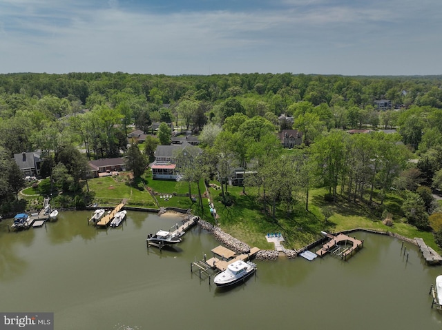 bird's eye view with a water view and a view of trees