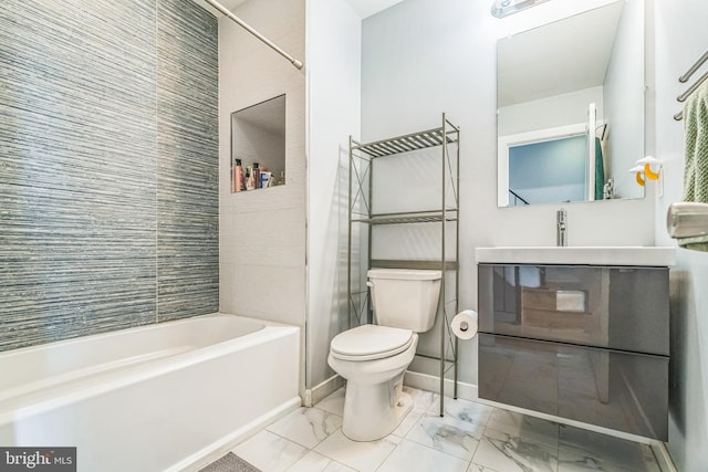 full bathroom featuring vanity, marble finish floor, shower / bathtub combination, toilet, and baseboards