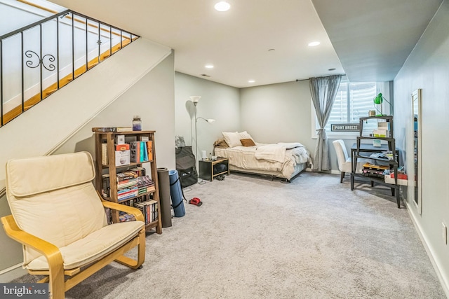 bedroom featuring recessed lighting, carpet flooring, and baseboards