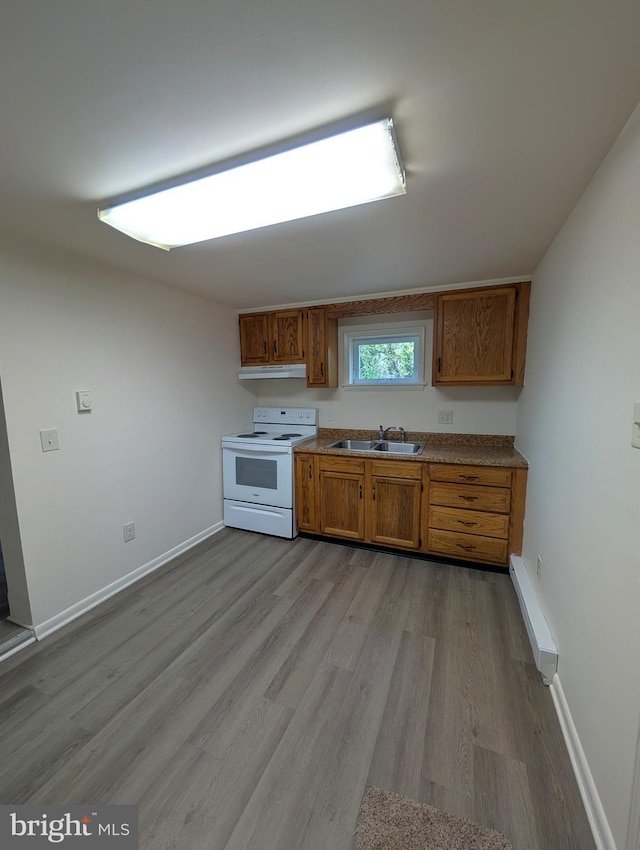 405 Poplar St, Salisbury, MD 21804 - kitchen featuring a sink, brown cabinetry, under cabinet range hood, baseboard heating, and electric stove