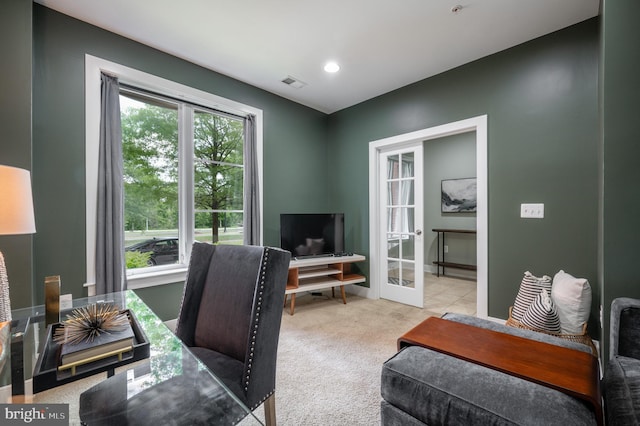carpeted office featuring baseboards, recessed lighting, and visible vents