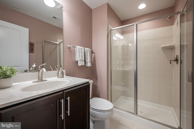 full bath featuring visible vents, a stall shower, toilet, and vanity