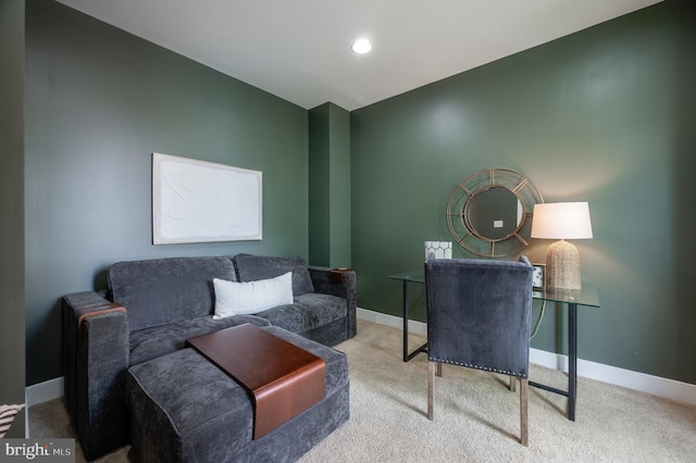 carpeted office featuring recessed lighting and baseboards