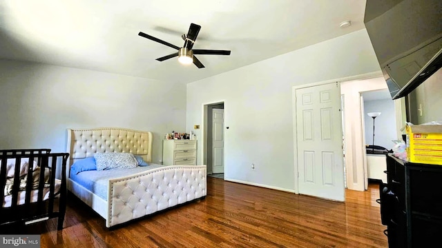 bedroom featuring ceiling fan and wood finished floors