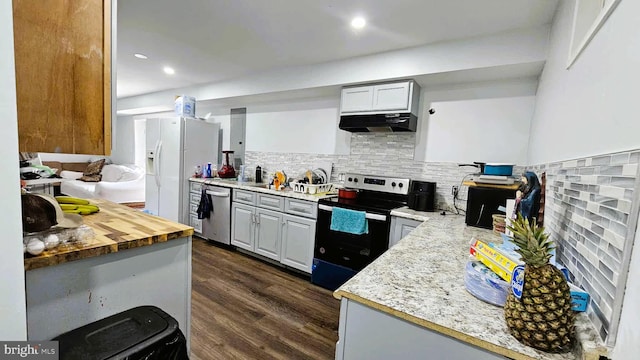 kitchen featuring stainless steel dishwasher, white refrigerator with ice dispenser, dark wood-style floors, electric range oven, and under cabinet range hood
