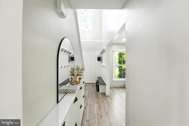 interior space featuring light wood finished floors and a high ceiling