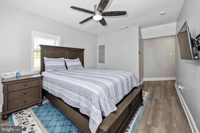 2304 Milltown Rd, Wilmington, DE 19808 - bedroom with electric panel, a ceiling fan, visible vents, wood finished floors, and baseboards