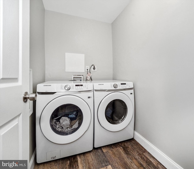 2304 Milltown Rd, Wilmington, DE 19808 - washroom featuring baseboards, laundry area, washing machine and dryer, and dark wood-style floors
