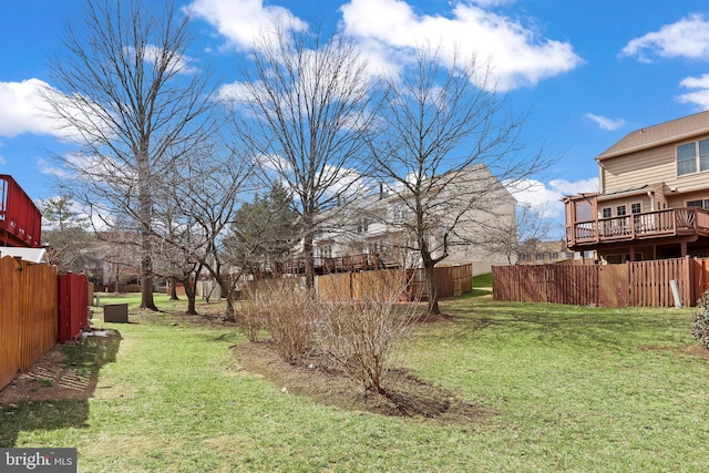 view of yard featuring a deck and fence